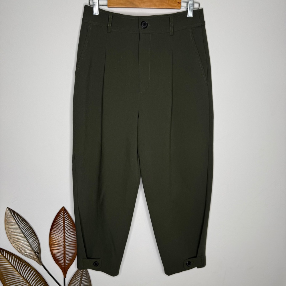 E4 Zara Olive Green Pleated Cropped Trousers Button Cuff Tapered Pants Women M - Picture 2 of 7
